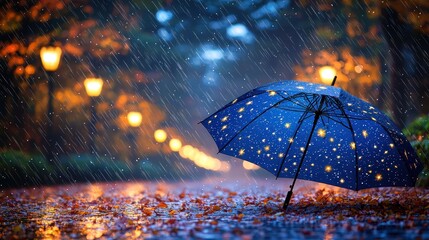 Enchanting Rainy Night: Illuminated Umbrella Under Falling Rain, Autumnal Scene
