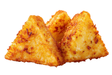 Golden brown triangular hash brown potato patties isolated on transparent background. Golden brown samosas triangle shaped indian fried appetizer snacks isolated on white background.