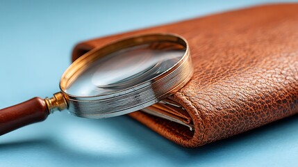 Magnifying glass examining leather book
