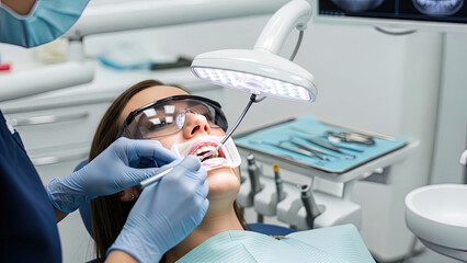	Dentist in blue gloves performing dental examination on a Caucasian female patient with mouth retractor and protective glasses under a bright dental lamp in a modern clinic.	"dentist