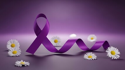 Fototapeta premium Purple ribbon awareness symbol with delicate white chamomile flowers on a muted background