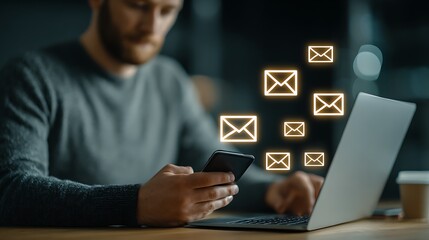 Man checking emails on phone and laptop