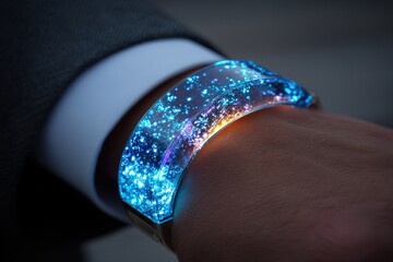 futuristic gadget shaped like a bracelet with holographic display