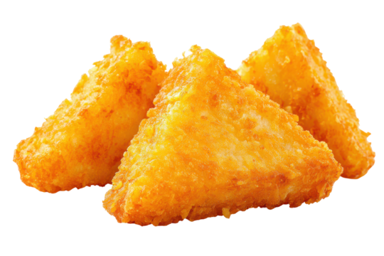 Three golden fried triangle hash browns isolated on transparent background. Golden fried triangle hash browns appetizer ready for delicious breakfast isolated on white background. - Powered by Adobe