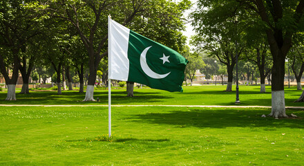 Pakistani flag waving in green park with trees and grass  