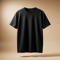 Modern black t-shirt suspended against a warm beige background, advertising apparel