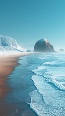 Slicing bright tomatoes while enjoying a serene beach and winter contrast