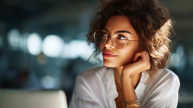 Captivating Moments: A Thoughtful Young Woman with Curly Hair and Glasses, Lost in Contemplation and Exuding Charm in a Welcoming, Softly Lit Environment
