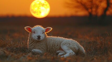 Lamb Resting Under Sunset: Golden Hour Serenity, Peaceful, Dreamy, Nature's Beauty.
