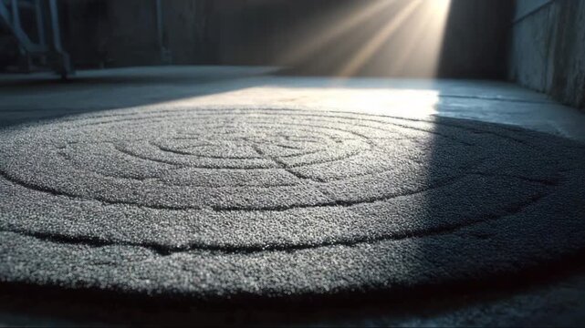 Serene circular pattern on floor illuminated by soft sunlight  