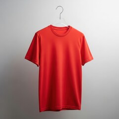 Vibrant red t-shirt hanging on a clear hanger against a simple grey background