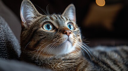 Captivating Cat Portrait: Intense Blue Eyes and Whiskers, Dramatic Lighting.