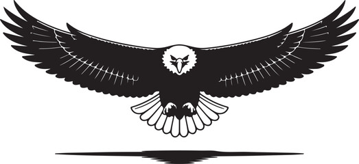 Intense black silhouette of an eagle with wide wings soaring towards the viewer above its reflection