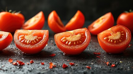 Fresh Tomato Slices: Vibrant Red, Juicy, Close-Up, Dark Background, Food Photography.