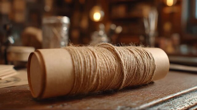 Spool of jute twine on wooden table in rustic interior setting  