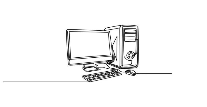 Animated self drawing of  Continuous single one line of Computer and its accessories like PC monitor and keyboard isolated on white background, Minimalist desktop computer with monitor and mouse