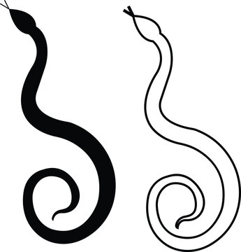 Black snake icon set in flat and line style, serpent silhouette and outline collection featuring coiled, crawling and abstract snake shapes, minimal monochrome vector graphic group