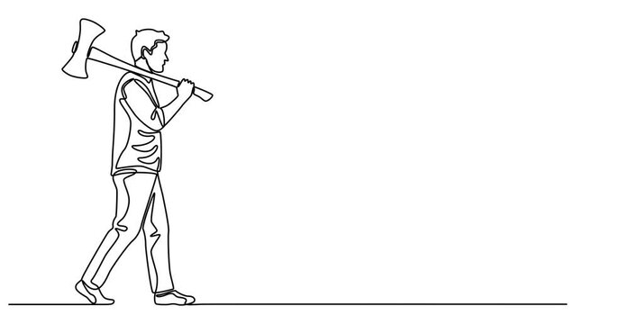 Animated self drawing of  One line drawing of a man carrying an axe on his shoulder, sports concept for international event, International Axe Throwing Day promoting leagues, training, safety