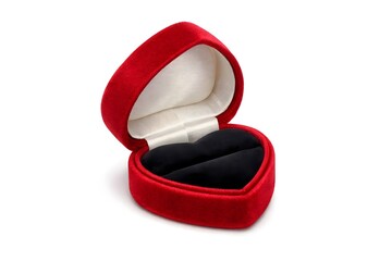 Red Velvet Heart Shaped Ring Box Isolated on White Background