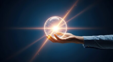 A hand gently cradles a glowing spherical object emitting bright light and energy particles