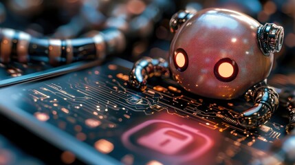 Futuristic Robot on Circuit Board: Glowing Eyes, Tech, and Innovation Concept.