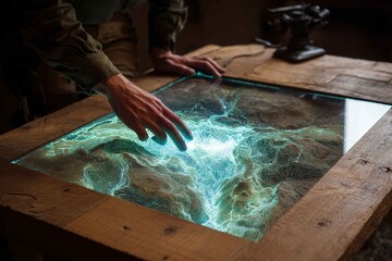holographic map device projecting terrain and routes above table