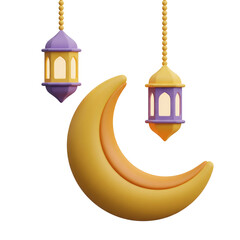 3D Crescent Moon and Lanterns for Islamic Festivities