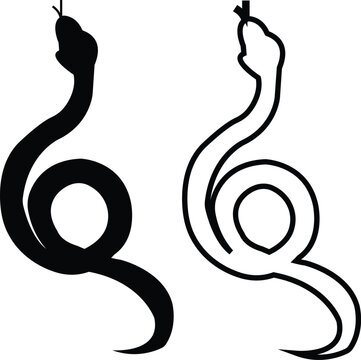 Black snake icon set in flat and line style, serpent silhouette and outline collection featuring coiled, crawling and abstract snake shapes, minimal monochrome vector graphic group