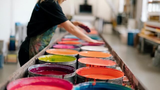 Medium shot of a designer mixing vibrant soybased inks in a bright studio emphasizing ecofriendly and sustainable printing solutions.