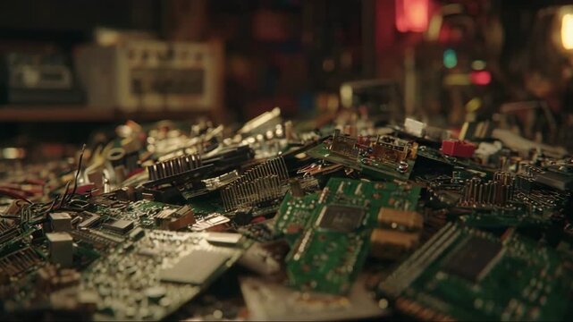 Electronic waste components scattered on cluttered workbench  