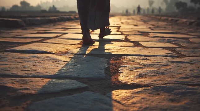 Feet walking slowly across dusty stone pavement, a long shadow stretching ahead. Cinematic bokeh and soft light evoke a spiritual pilgrimage, inner journey, humility, and purposeful movement.
