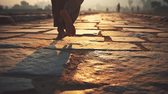 Feet walking slowly across dusty stone pavement, a long shadow stretching ahead. Cinematic bokeh and soft light evoke a spiritual pilgrimage, inner journey, humility, and purposeful movement.
