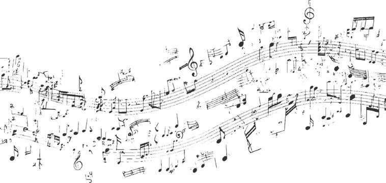 Black and white scattered musical notes and staves on white background treble clef