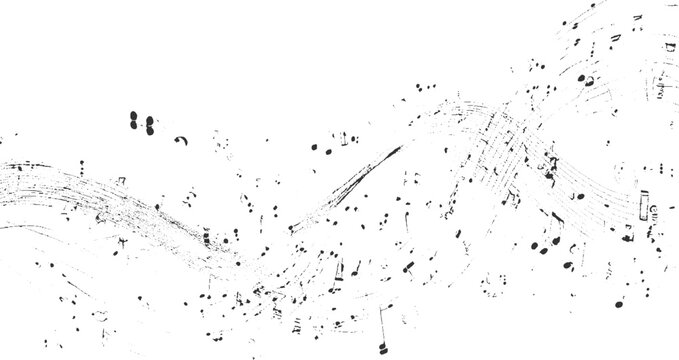 Black ink splashes and musical notes scattered across white background