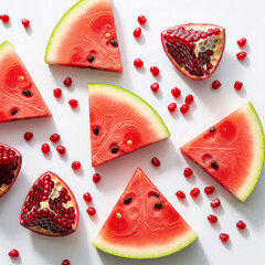 Vibrant Watermelon and Pomegranate Slices on White Background