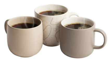 Three beige ceramic coffee mugs with dark coffee and steam rising isolated on transparent background
