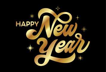 Elegant handwritten Happy New Year bold modern 
brush script text, hand lettering banner with stars 
isolated on black background for social media, web, print
