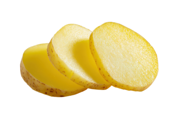 Sliced golden potatoes isolated on transparent background. Freshly sliced golden potato halves showcasing healthy starch and delicious culinary potential isolated on white background.