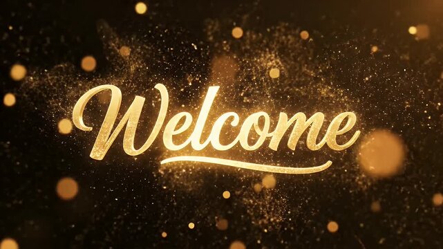 Golden Welcome Text with Bokeh - This video features the word "Welcome" in a golden, elegant script font.