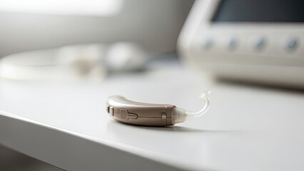 	Modern Hearing Aid Lying on White Table in Medical Setting with Copy Space	"hearing aid