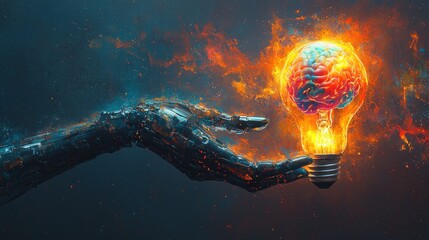 Robotic Hand Holding Brain-Shaped Lightbulb, Illuminated Idea Concept, Abstract Art.