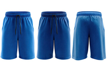 Blue athletic shorts isolated on transparent background. Three blue athletic shorts displayed from front and side views isolated on white background.