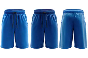Blue athletic shorts isolated on transparent background. Three blue athletic shorts displayed from front and side views isolated on white background.