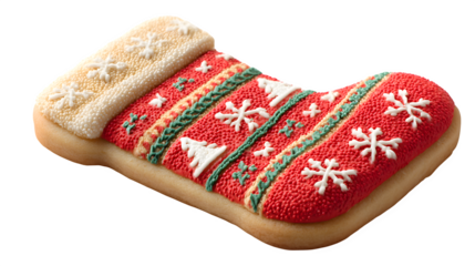 Handmade Christmas gingerbread cookies with colorful patterns are isolated on a white background near a warm red winter sock and blue wool glove decoration