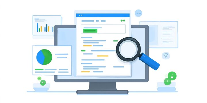 Computer screen shows data analysis and search results with graphs and charts on display in an office setting