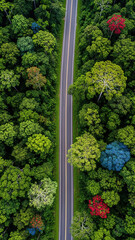 Vibrant forest road with colorful trees and lush greenery