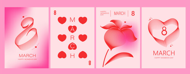 8 March greeting cards set. Line art flower, heart, number eight design. Soft pink gradient background.