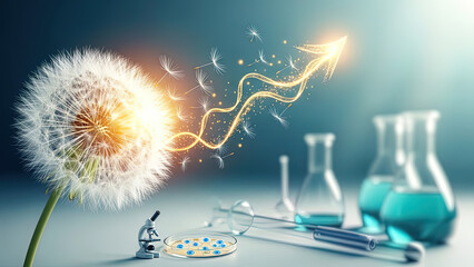	Dandelion Seeds Transforming into Glowing Upward Arrow in Laboratory Setting Representing Scientific Innovation and Growth	"dandelion