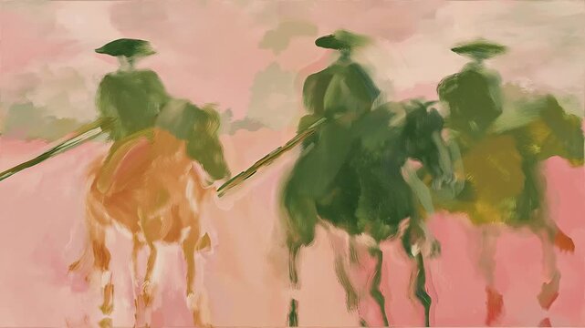 Colorful painting of three riders on horseback moving fast against pink background in oil style