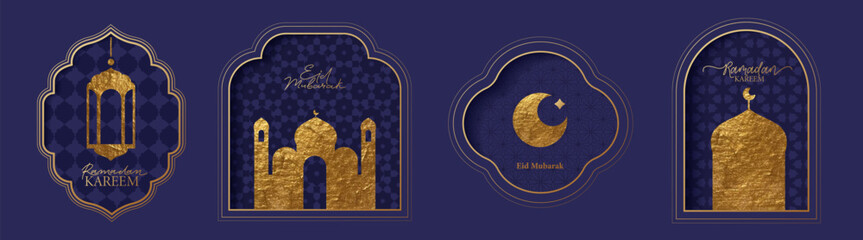 Islamic, oriental frame, silhouette. Paper cut style. Geometric arabian backgrounds. Ramadan Kareem concept. Mosque, moon, stars, lantern, ornaments, patterns, calligraphic sign. 
